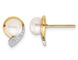 14K Yellow Gold Freshwater Cultured White Pearl 5-6mm Post Earrings with Accent Diamonds